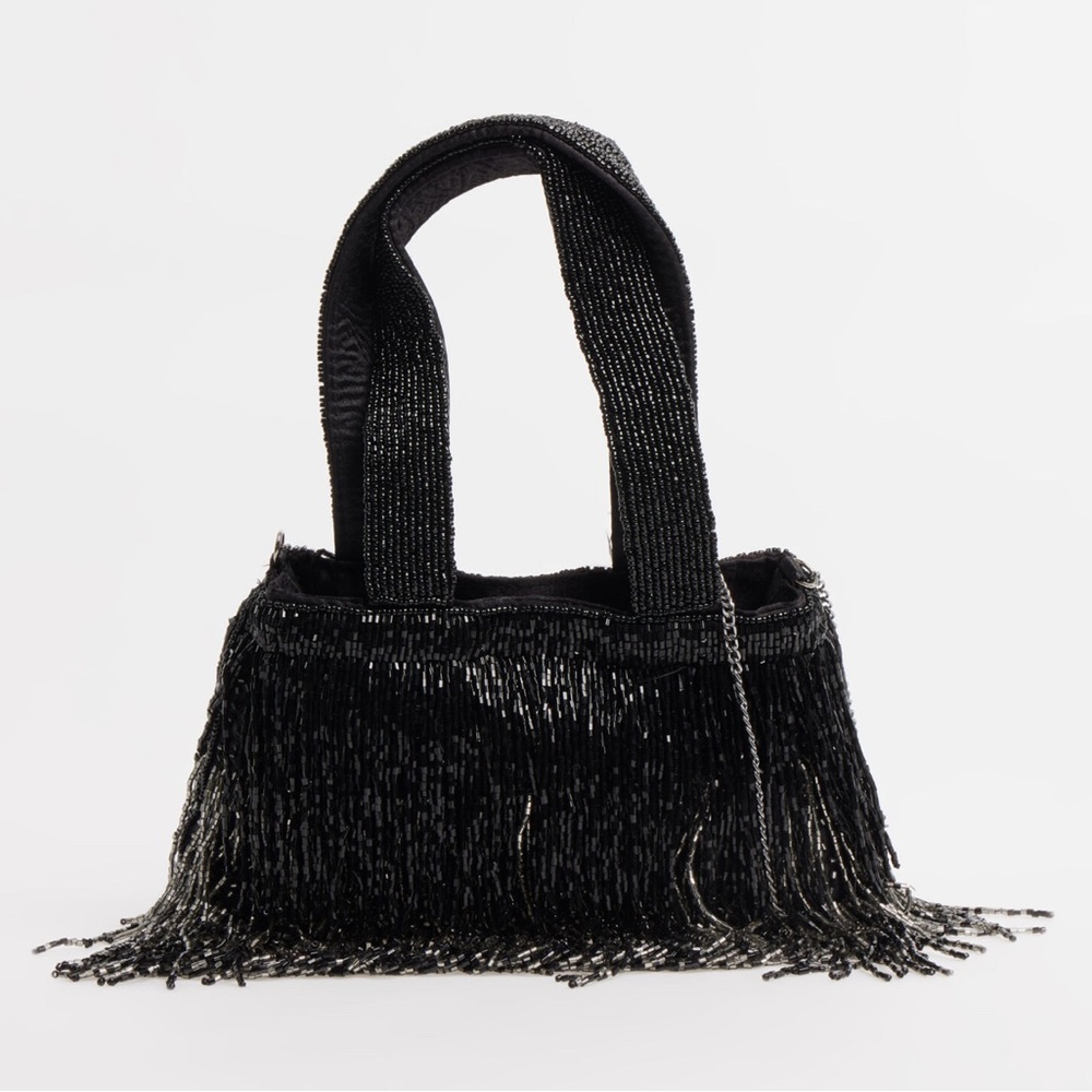 Viral Black Beaded Fringe Bag, NWT Made In India Collection